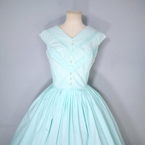 60s MINT GREEN COTTON DAY DRESS WITH LACE RIBBON BODICE - S