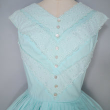 Load image into Gallery viewer, 60s MINT GREEN COTTON DAY DRESS WITH LACE RIBBON BODICE - S