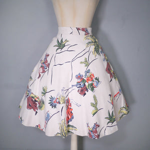 50s MEXICAN NOVELTY DANCER AND SMOKER PRINT WHITE A-LINE SKIRT - 25-26"