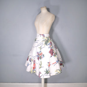 50s MEXICAN NOVELTY DANCER AND SMOKER PRINT WHITE A-LINE SKIRT - 25-26"