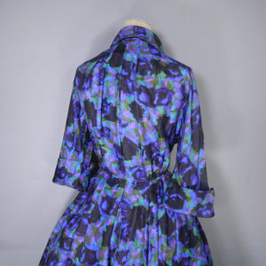 60s FRED ROTHSCHILD SILKY VIOLET BLUE FULL SKIRTED SHIRT DRESS - S