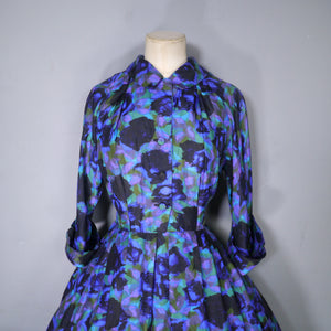 60s FRED ROTHSCHILD SILKY VIOLET BLUE FULL SKIRTED SHIRT DRESS - S