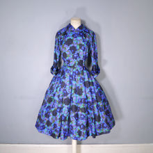 Load image into Gallery viewer, 60s FRED ROTHSCHILD SILKY VIOLET BLUE FULL SKIRTED SHIRT DRESS - S