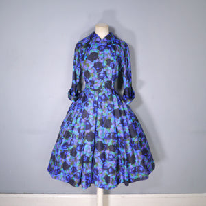 60s FRED ROTHSCHILD SILKY VIOLET BLUE FULL SKIRTED SHIRT DRESS - S