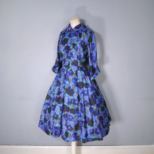 60s FRED ROTHSCHILD SILKY VIOLET BLUE FULL SKIRTED SHIRT DRESS - S