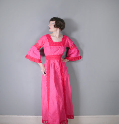 70s PIN TUCK AND CROCHET LACE PINK MEXICAN MAXI DRESS - M