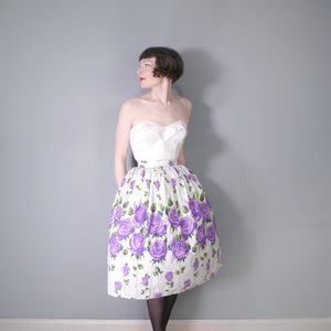 ROMANTIC 50s PURPLE STEMMED ROSE FLORAL BORDER PRINT FULL SKIRT - 24"