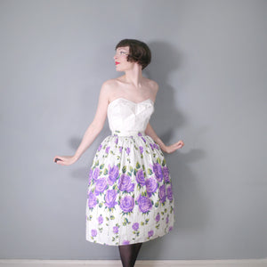 ROMANTIC 50s PURPLE STEMMED ROSE FLORAL BORDER PRINT FULL SKIRT - 24"