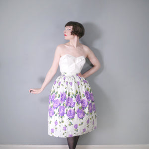 ROMANTIC 50s PURPLE STEMMED ROSE FLORAL BORDER PRINT FULL SKIRT - 24"