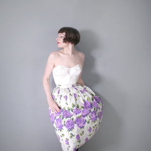 ROMANTIC 50s PURPLE STEMMED ROSE FLORAL BORDER PRINT FULL SKIRT - 24"