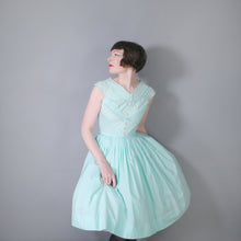 Load image into Gallery viewer, 60s MINT GREEN COTTON DAY DRESS WITH LACE RIBBON BODICE - S