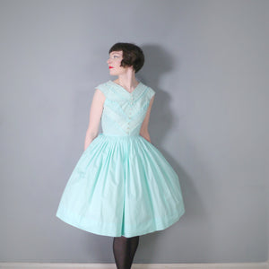 60s MINT GREEN COTTON DAY DRESS WITH LACE RIBBON BODICE - S