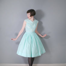 Load image into Gallery viewer, 60s MINT GREEN COTTON DAY DRESS WITH LACE RIBBON BODICE - S