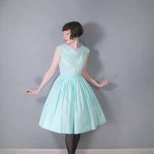 60s MINT GREEN COTTON DAY DRESS WITH LACE RIBBON BODICE - S