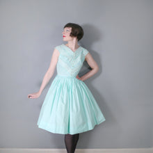 Load image into Gallery viewer, 60s MINT GREEN COTTON DAY DRESS WITH LACE RIBBON BODICE - S