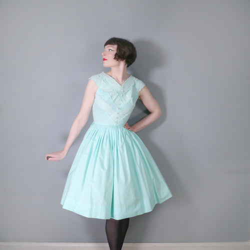 60s MINT GREEN COTTON DAY DRESS WITH LACE RIBBON BODICE - S