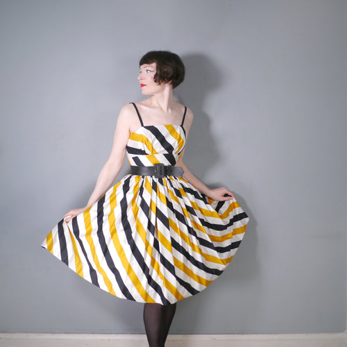 50s MELBRAY LIQUORICE STRIPE YELLOW BLACK CREAM FULL SKIRTED SUN DRESS - XS