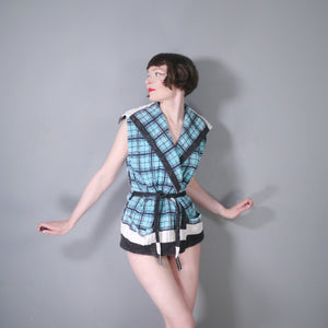 60s BLUE BLACK AND WHITE CHECK TERRY TOWELLING BEACH JACKET - M