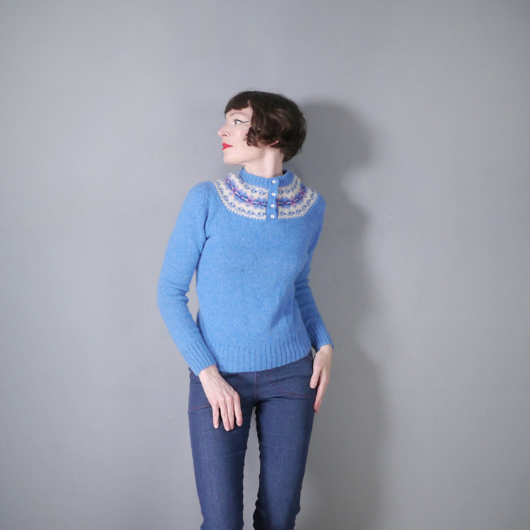 70s CORNFLOWER BLUE FAIRISLE SHETLAND WOOL JUMPER - S