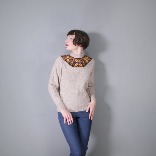 70s LIGHT BROWN WOOL JUMPER WITH VIVID FAIRISLE YOKE - M