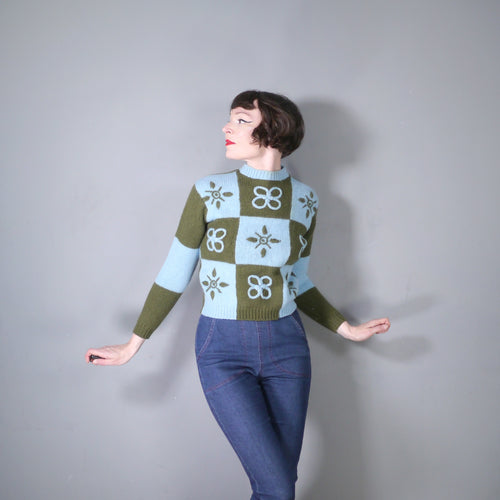 60s JOYCE SPORTSWEAR PATTERNED BLUE AND GREEN CROPPED WOOL JUMPER - S