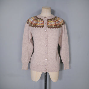 70s HANDKNIT SHETLAND WOOL BROWN FAIRISLE CARDIGAN - M