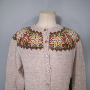 70s HANDKNIT SHETLAND WOOL BROWN FAIRISLE CARDIGAN - M