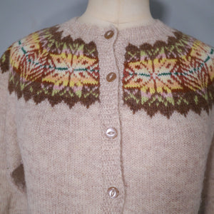 70s HANDKNIT SHETLAND WOOL BROWN FAIRISLE CARDIGAN - M