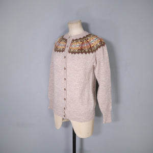 70s HANDKNIT SHETLAND WOOL BROWN FAIRISLE CARDIGAN - M