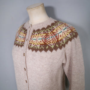 70s HANDKNIT SHETLAND WOOL BROWN FAIRISLE CARDIGAN - M