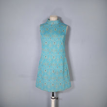 Load image into Gallery viewer, 60s TURQUOISE AND GOLD ART DECO PATTERN GOGO SHIFT DRESS - S