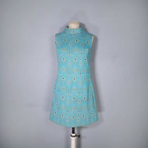 60s TURQUOISE AND GOLD ART DECO PATTERN GOGO SHIFT DRESS - S