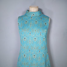 Load image into Gallery viewer, 60s TURQUOISE AND GOLD ART DECO PATTERN GOGO SHIFT DRESS - S