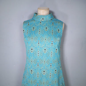 60s TURQUOISE AND GOLD ART DECO PATTERN GOGO SHIFT DRESS - S