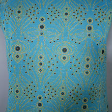 Load image into Gallery viewer, 60s TURQUOISE AND GOLD ART DECO PATTERN GOGO SHIFT DRESS - S