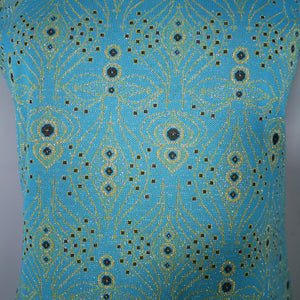 60s TURQUOISE AND GOLD ART DECO PATTERN GOGO SHIFT DRESS - S