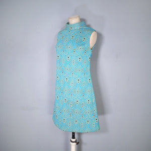 60s TURQUOISE AND GOLD ART DECO PATTERN GOGO SHIFT DRESS - S