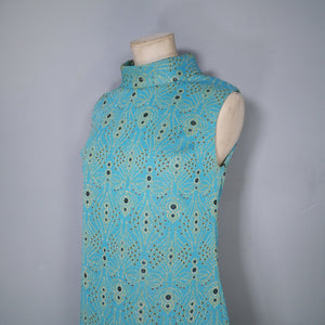 60s TURQUOISE AND GOLD ART DECO PATTERN GOGO SHIFT DRESS - S