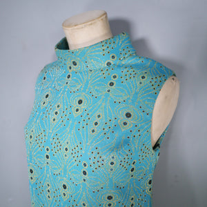 60s TURQUOISE AND GOLD ART DECO PATTERN GOGO SHIFT DRESS - S