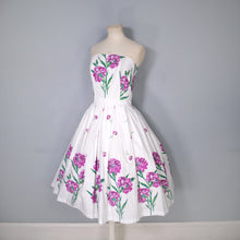 Load image into Gallery viewer, 50s STRAPLESS PURPLE BIG CARNATION BORDER PRINT FULL SKIRTED DRESS - XS-S