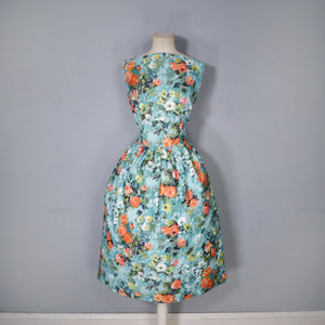 50s 60s ROMANTIC FLORAL GREEN ORANGE HANDMADE COTTON DRESS - S