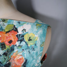 Load image into Gallery viewer, 50s 60s ROMANTIC FLORAL GREEN ORANGE HANDMADE COTTON DRESS - S