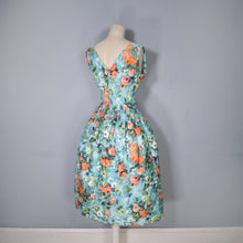 Load image into Gallery viewer, 50s 60s ROMANTIC FLORAL GREEN ORANGE HANDMADE COTTON DRESS - S