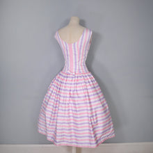 Load image into Gallery viewer, 50s DROPWAISTED PASTEL PINK AND PURPLE CANDY STRIPE COTTON DRESS - XS