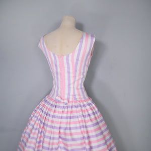 50s DROPWAISTED PASTEL PINK AND PURPLE CANDY STRIPE COTTON DRESS - XS