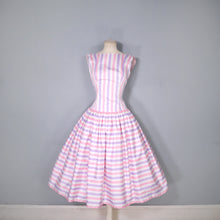 Load image into Gallery viewer, 50s DROPWAISTED PASTEL PINK AND PURPLE CANDY STRIPE COTTON DRESS - XS