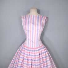 Load image into Gallery viewer, 50s DROPWAISTED PASTEL PINK AND PURPLE CANDY STRIPE COTTON DRESS - XS