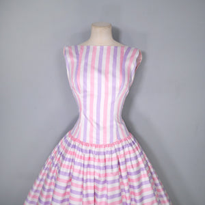 50s DROPWAISTED PASTEL PINK AND PURPLE CANDY STRIPE COTTON DRESS - XS