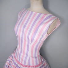 Load image into Gallery viewer, 50s DROPWAISTED PASTEL PINK AND PURPLE CANDY STRIPE COTTON DRESS - XS