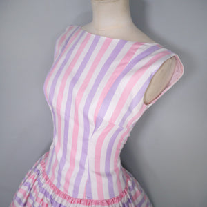 50s DROPWAISTED PASTEL PINK AND PURPLE CANDY STRIPE COTTON DRESS - XS